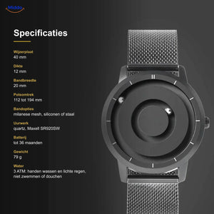 Specificaties van de Magnetic Watch: wijzerplaat 40 mm, 12 mm dik, 3 ATM waterbestendig