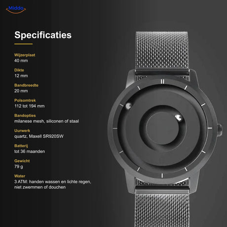 Specificaties van de Magnetic Watch: wijzerplaat 40 mm, 12 mm dik, 3 ATM waterbestendig