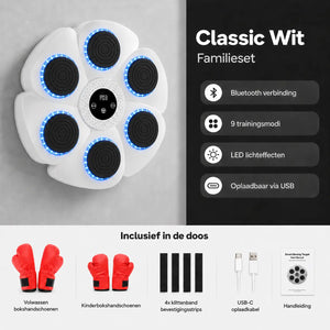 MBT-03 Classic Wit bokstarget familieset met volwassen bokshandschoenen, kinderhandschoenen, bevestigingsstrips, USB-C oplaadkabel en handleiding