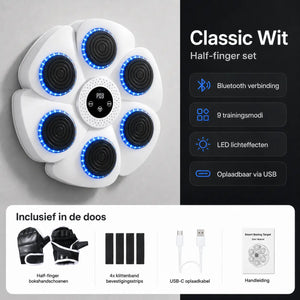 MBT-03 Classic Wit bokstarget half-finger set met open bokshandschoenen, bevestigingsstrips, USB-C oplaadkabel en handleiding