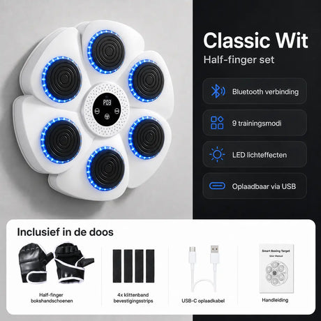 MBT-03 Classic Wit bokstarget half-finger set met open bokshandschoenen, bevestigingsstrips, USB-C oplaadkabel en handleiding