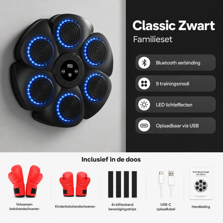 MBT-03 Classic Zwart bokstarget familieset met volwassen bokshandschoenen, kinderhandschoenen, bevestigingsstrips, USB-C oplaadkabel en handleiding