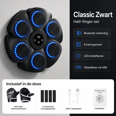 MBT-03 Classic Zwart bokstarget half-finger set met open bokshandschoenen, bevestigingsstrips, USB-C oplaadkabel en handleiding