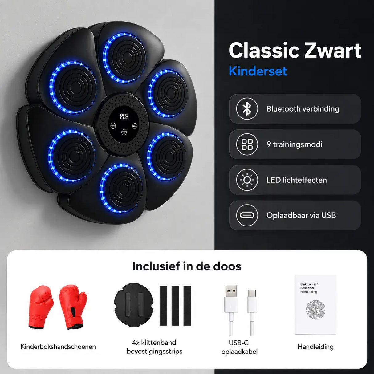 MBT-03 Classic Zwart bokstarget kinderset met kinderbokshandschoenen, bevestigingsstrips, USB-C oplaadkabel en handleiding