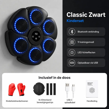 MBT-03 Classic Zwart bokstarget kinderset met kinderbokshandschoenen, bevestigingsstrips, USB-C oplaadkabel en handleiding