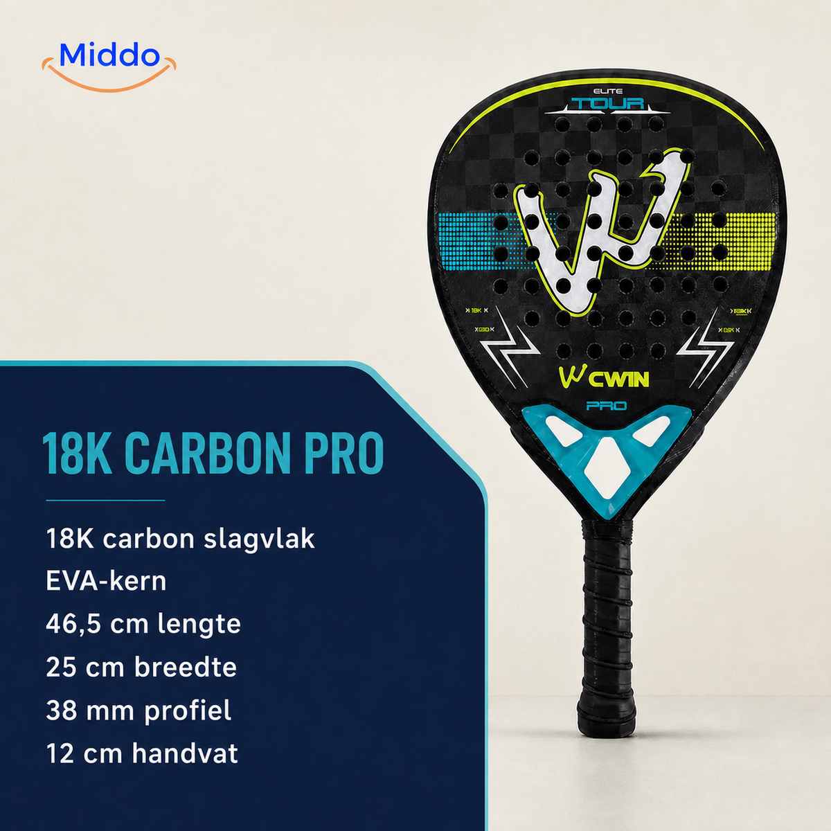 ApexTour padelracket: overzicht van het racket en de afmetingen.