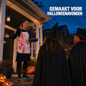 BloodstainFX Halloween-kostuumschort: vrouw in kostuum ontvangt gasten tijdens Halloween.