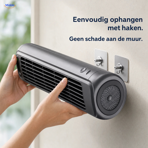 BreezeFlex oplaadbare wandventilator: handen hangen het grijze model aan twee muurhaken.