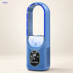 BreezeLite USB-bureauventilator: blauw model van voren op lichte achtergrond.