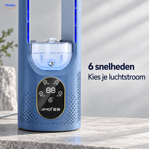 BreezeLite USB-bureauventilator: detail van de bedieningsknoppen en het display.