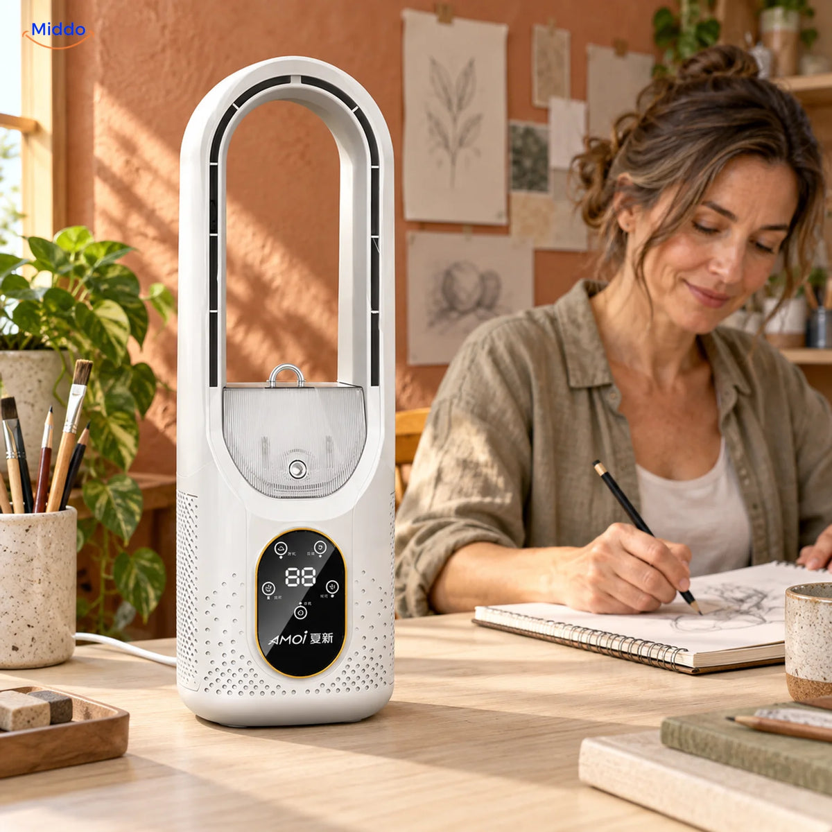 BreezeLite USB-bureauventilator: wit model naast een vrouw die schrijft.