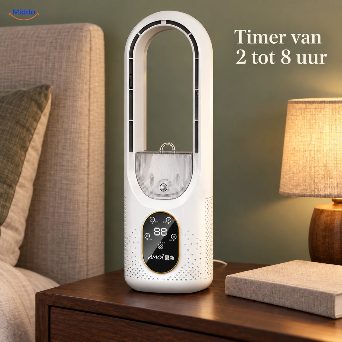BreezeLite USB-bureauventilator: wit model op een nachtkastje met timerinformatie.
