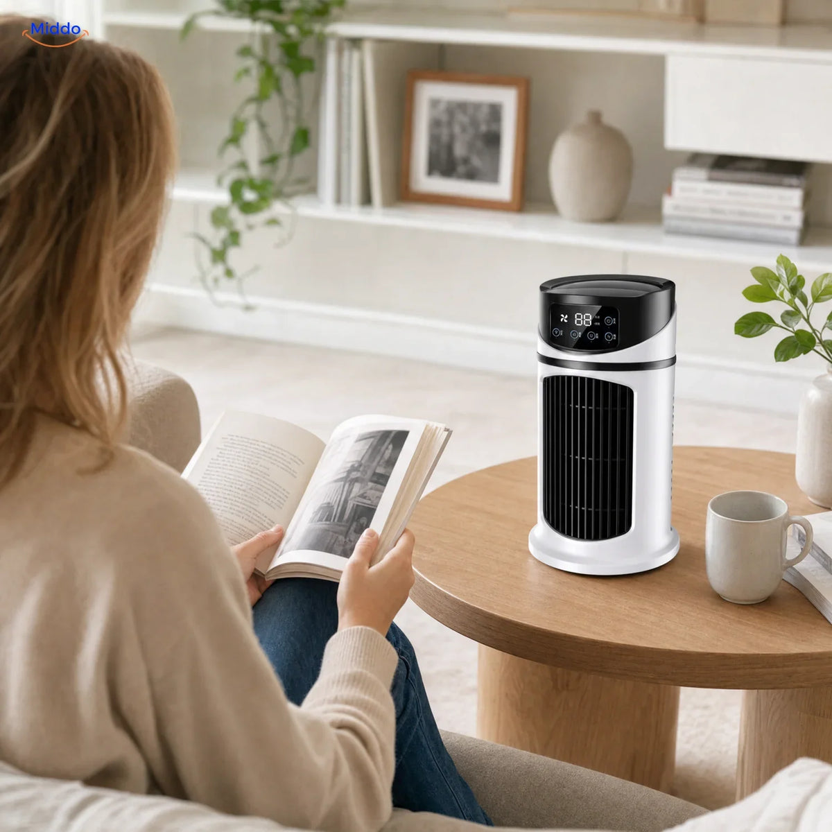 BreezeMist USB-tafelventilator met verneveling: vrouw leest een boek naast de ventilator.