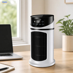 BreezeMist USB-tafelventilator met verneveling: wit-zwart model naast een laptop op een bureau.