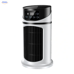 BreezeMist USB-tafelventilator met verneveling: wit-zwart model op witte achtergrond.