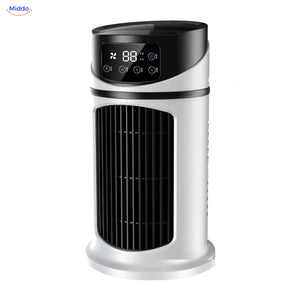 BreezeMist USB-tafelventilator met verneveling: wit-zwart model op witte achtergrond.