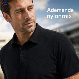 BreezeWear herenpolo met korte mouwen: close-up van zwarte stof, kraag en knopen.