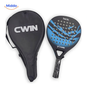 CourtControl padelracket: blauw racket met zwarte hoes op witte achtergrond.