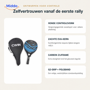 CourtControl padelracket: overzicht van ronde vorm, EVA-kern en handgreep.