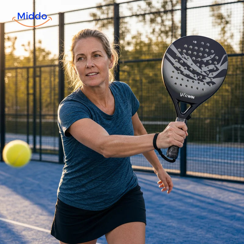 CourtControl padelracket: vrouw speelt een bal met een rond racket.