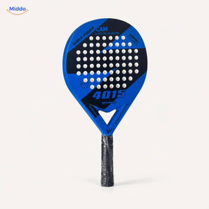 CourtMatch padelracket: blauw model met zwart slagvlak van voren.