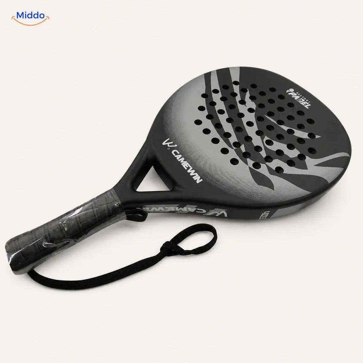CourtMatch padelracket: grijs rond model met polsband.