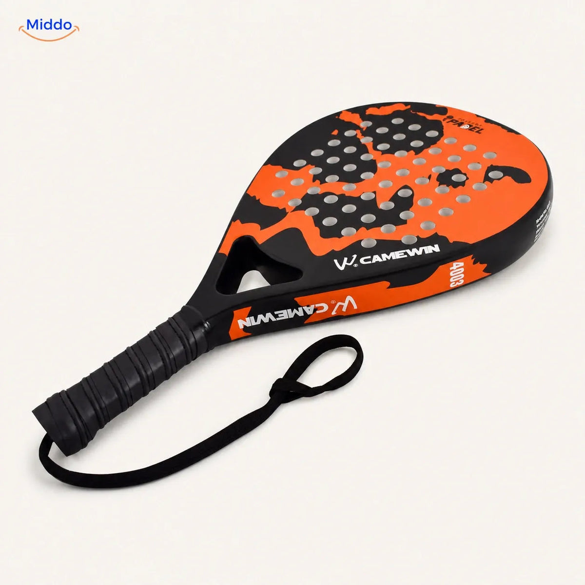 CourtMatch padelracket: oranje druppelvormig model met polsband.