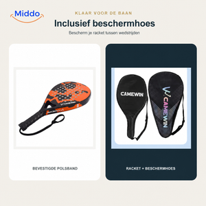 CourtMatch padelracket: racket, polsband en beschermhoezen.