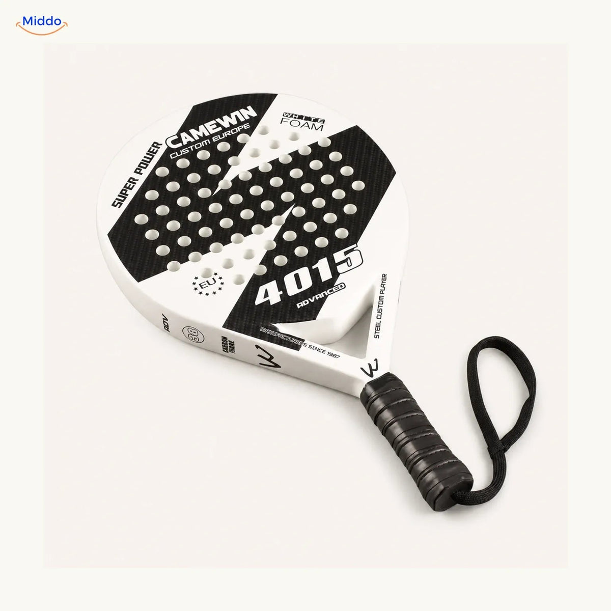 CourtMatch padelracket: wit model met zwart slagvlak.