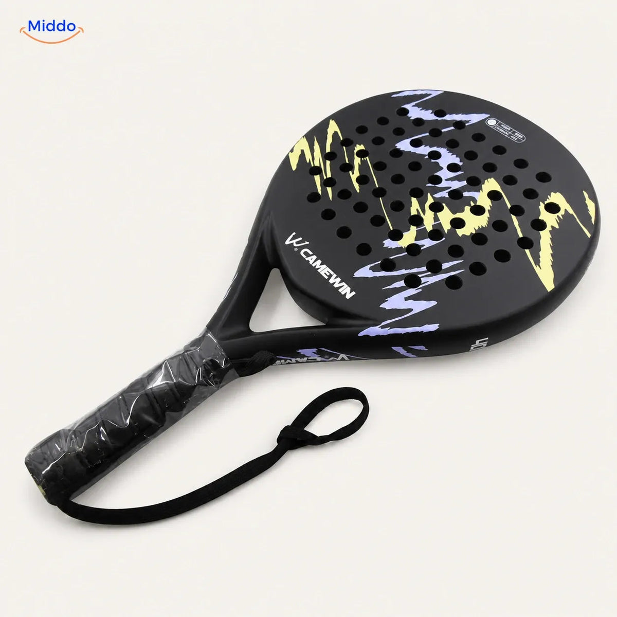 CourtMatch padelracket: zwart model met gele en paarse accenten.
