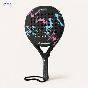 CourtMatch padelracket: zwart model met roze en blauwe accenten.
