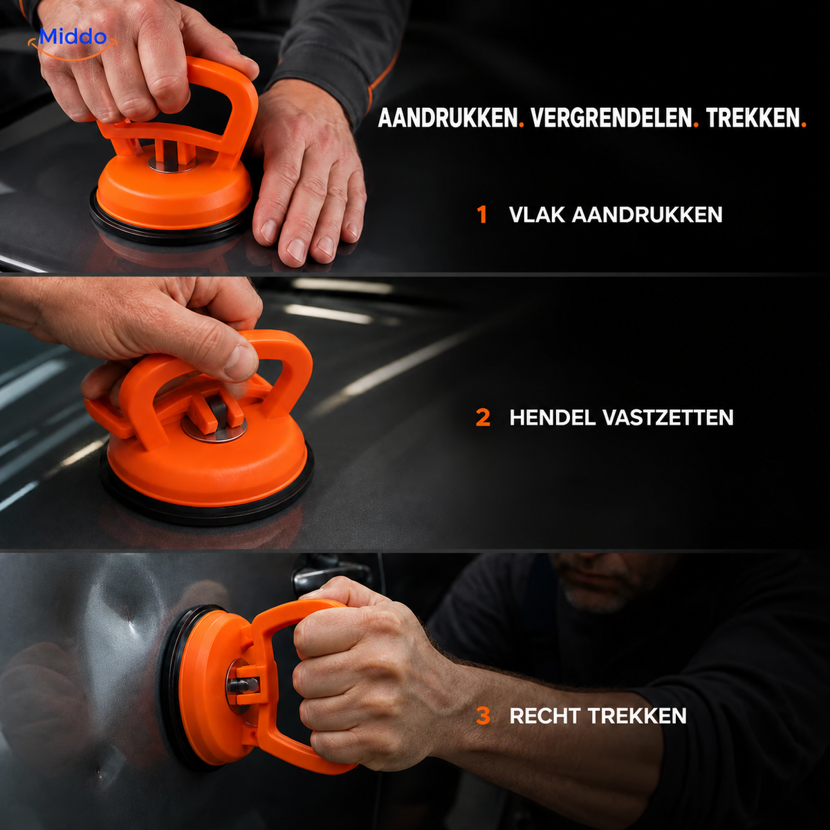 DentGrip vergrendelbare zuignap: driestappeninstructie voor aandrukken, vergrendelen en trekken.