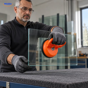 DentGrip vergrendelbare zuignap: man positioneert een glasplaat met de oranje zuignap.