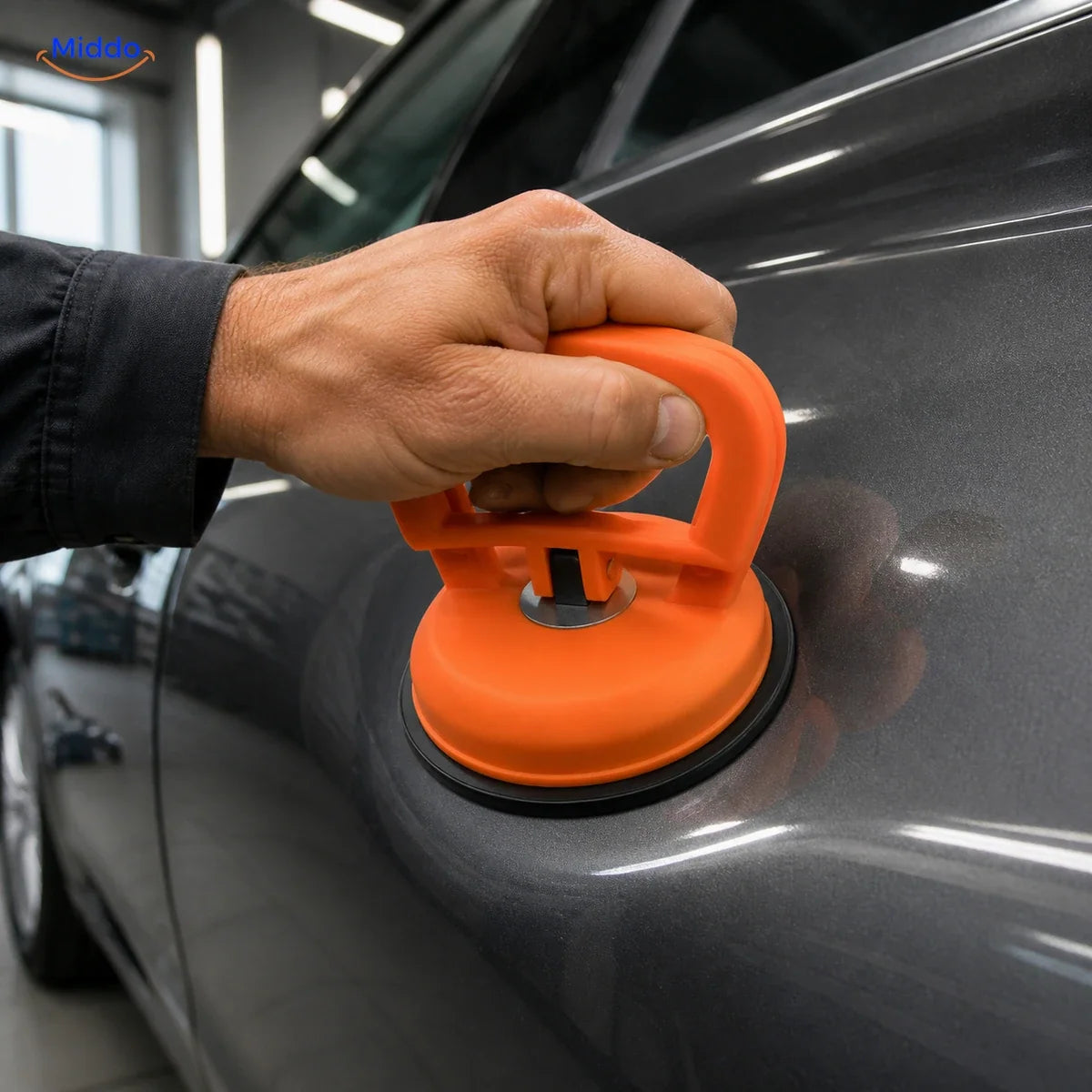 DentGrip vergrendelbare zuignap: oranje zuignap op de deur van een auto.