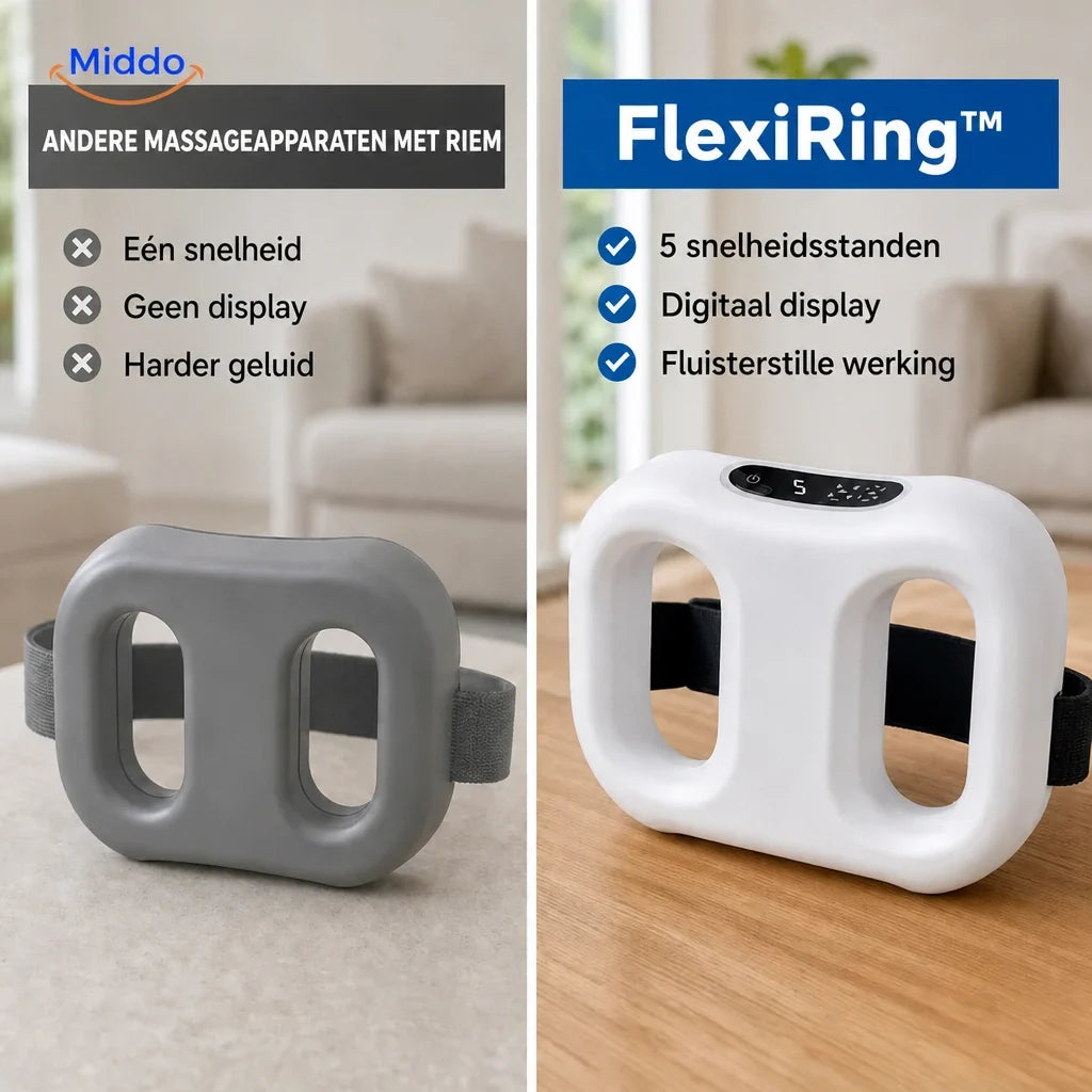 FlexiRing draadloos massageapparaat: vergelijking van wit model en grijs massageapparaat.
