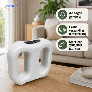 FlexiRing draadloos massageapparaat: wit model op een bijzettafel naast een bank.