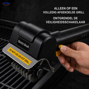 GrillMaster elektrische BBQ-borstel: detail van de gele veiligheidsschakelaar.