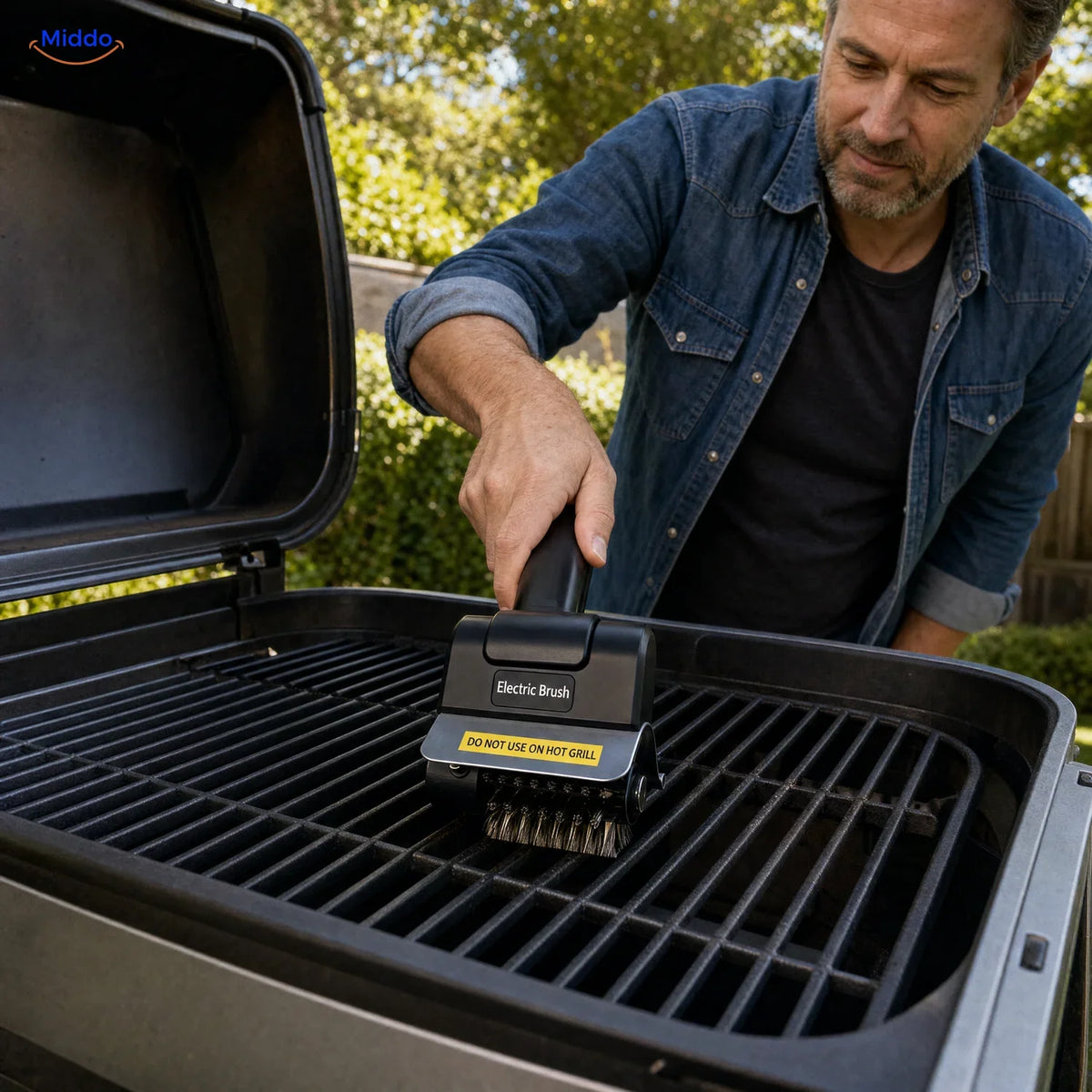 GrillMaster elektrische BBQ-borstel: man reinigt het rooster van een geopende barbecue.