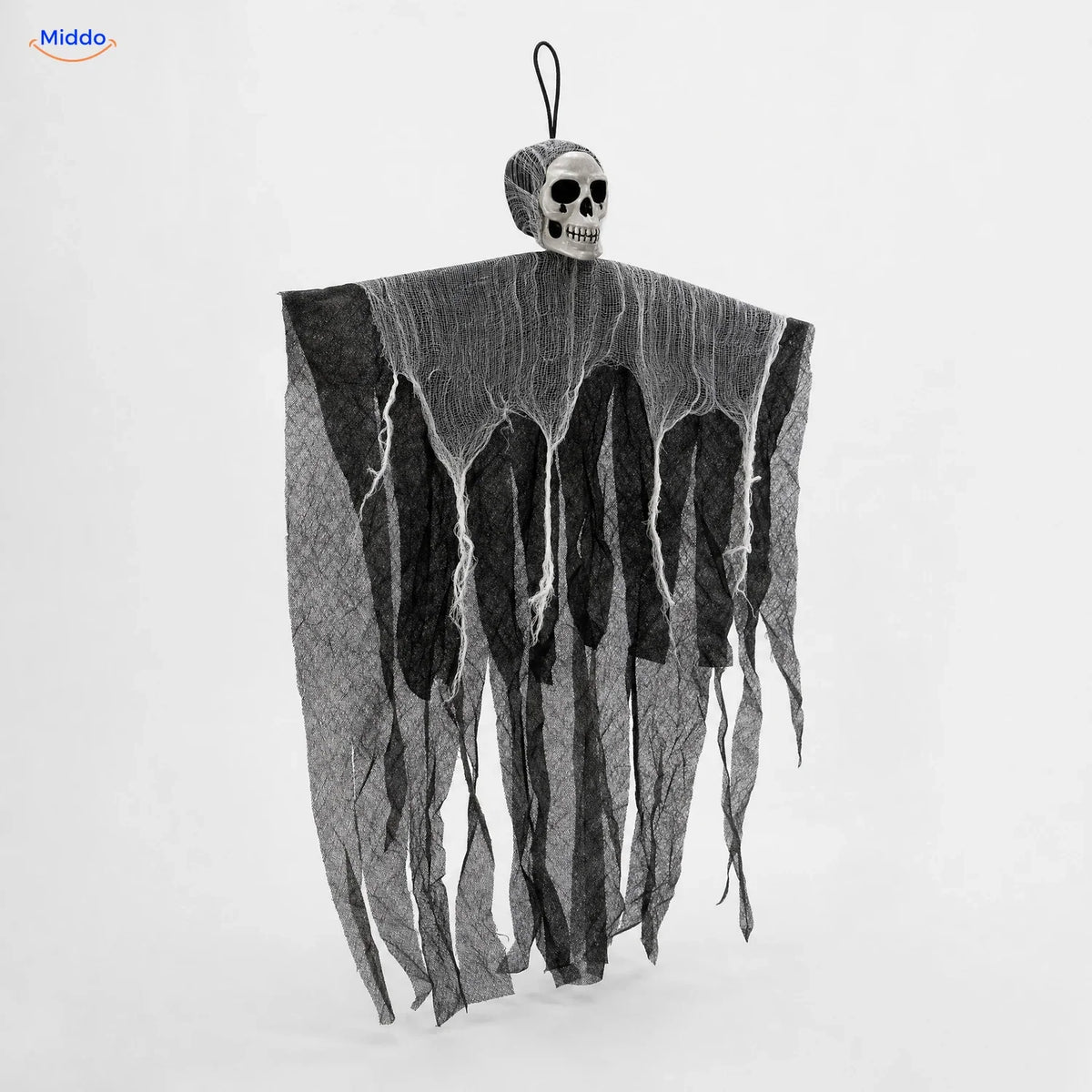 HauntCraft hangend Halloween-spook: grijs model met lange losse gaasstroken.