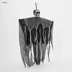 HauntCraft hangend Halloween-spook: grijs model met lange losse gaasstroken.