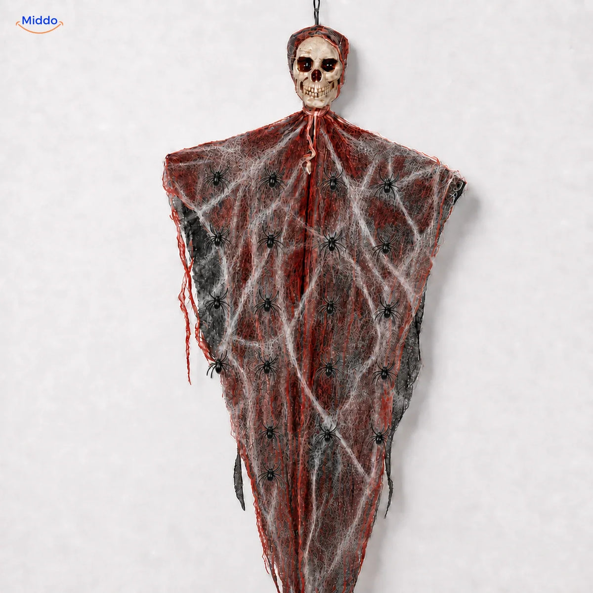 HauntCraft hangend Halloween-spook: rood model met schedel en gaasstroken.