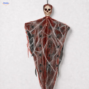 HauntCraft hangend Halloween-spook: rood model met schedel en gaasstroken.