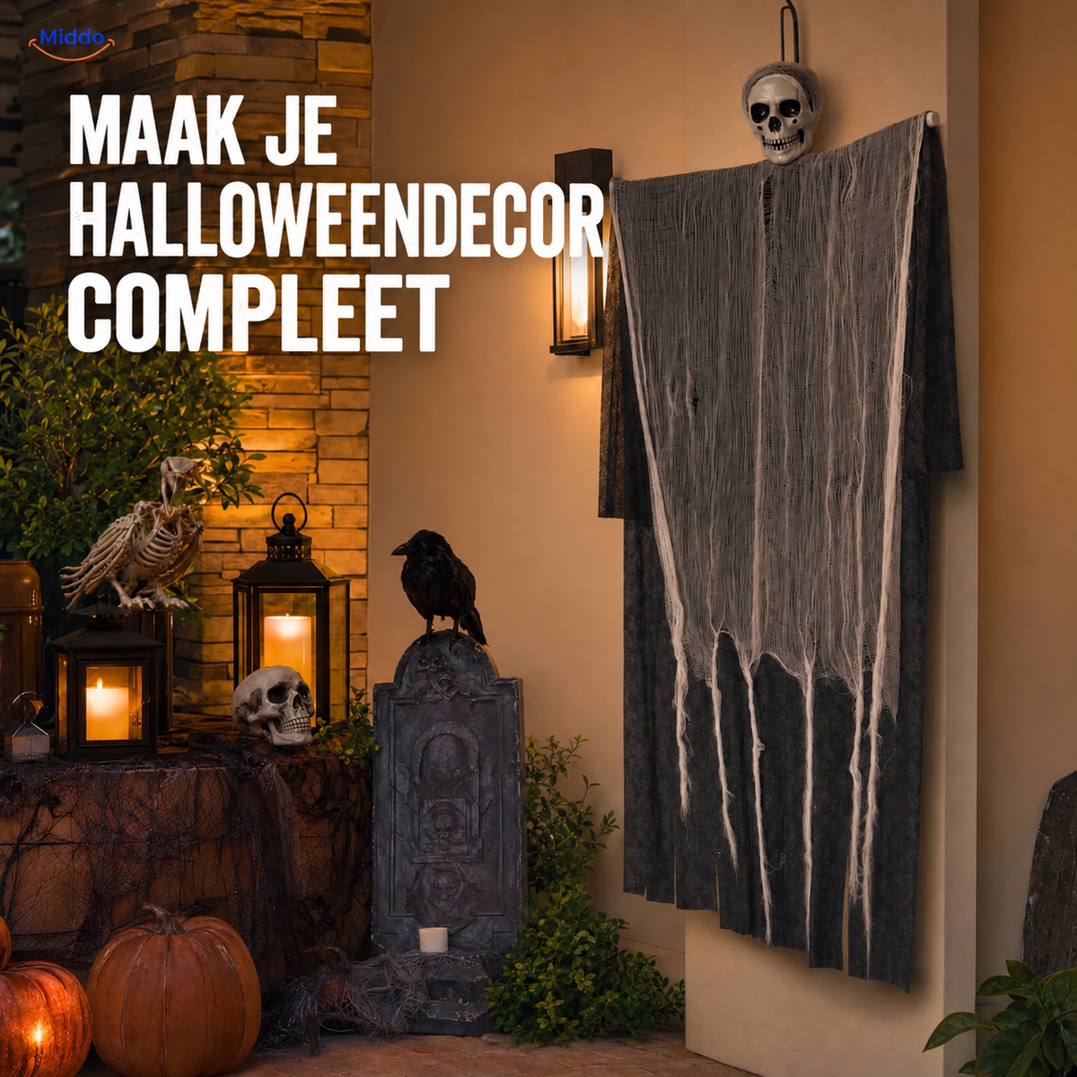 HauntCraft hangend Halloween-spook: spookdecoratie naast lantaarns en Halloween-accessoires.