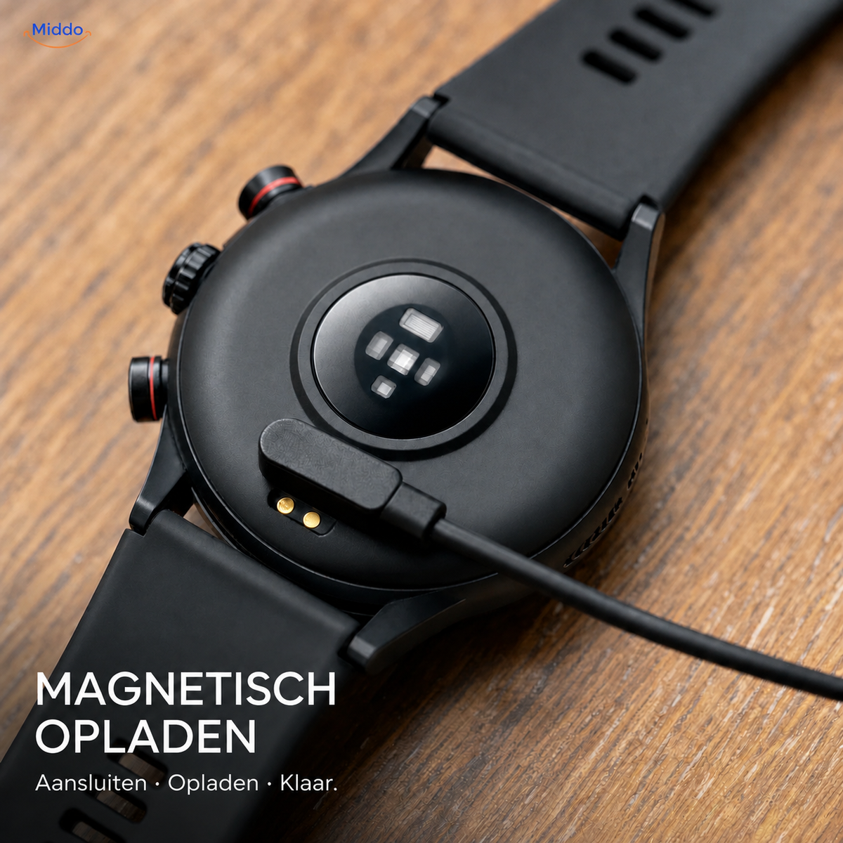 LIGE smartwatch: achterzijde met magnetische laadkabel.