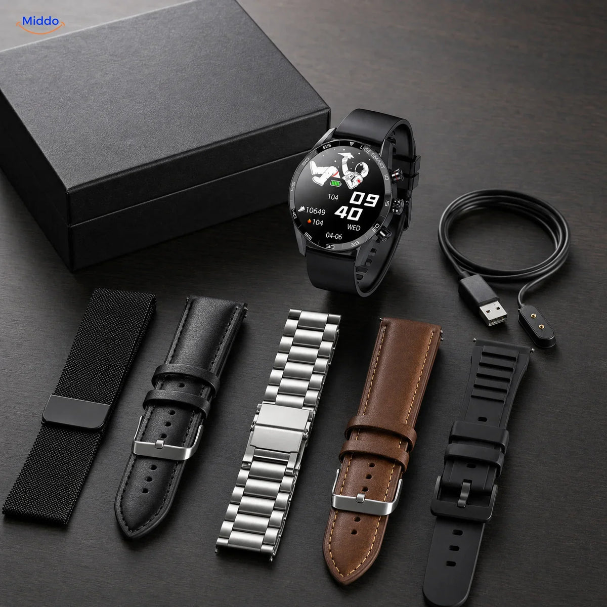 LIGE smartwatch: horloge met vijf bandstijlen, laadkabel en doos.