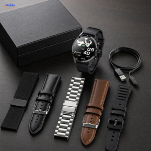 LIGE smartwatch: horloge met vijf bandstijlen, laadkabel en doos.