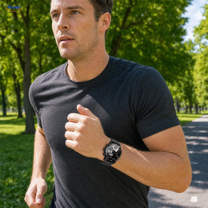 LIGE smartwatch: man met zwart horloge tijdens het hardlopen.