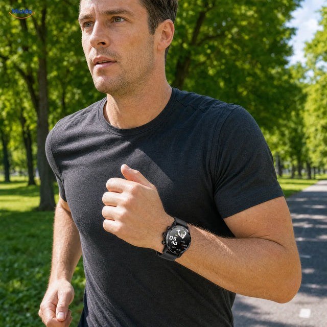 LIGE smartwatch: man met zwart horloge tijdens het hardlopen.