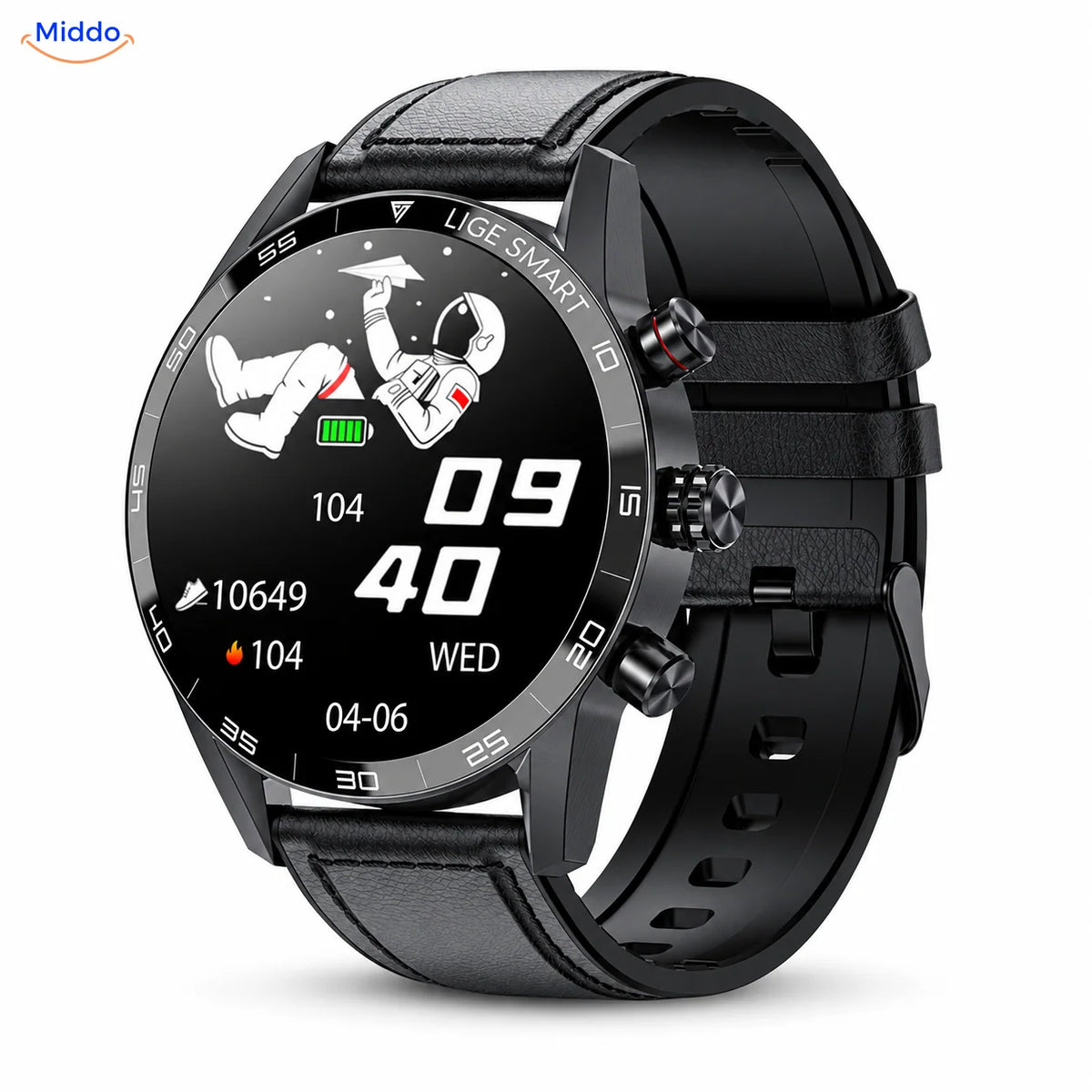 LIGE smartwatch: zwart model met leren band.
