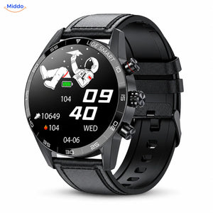 LIGE smartwatch: zwart model met leren band.